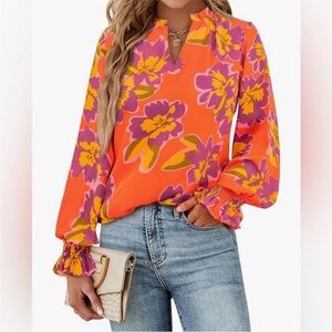 Floral Ruffle Blouse in Orange and Pink Plus Size XXL Spring Style